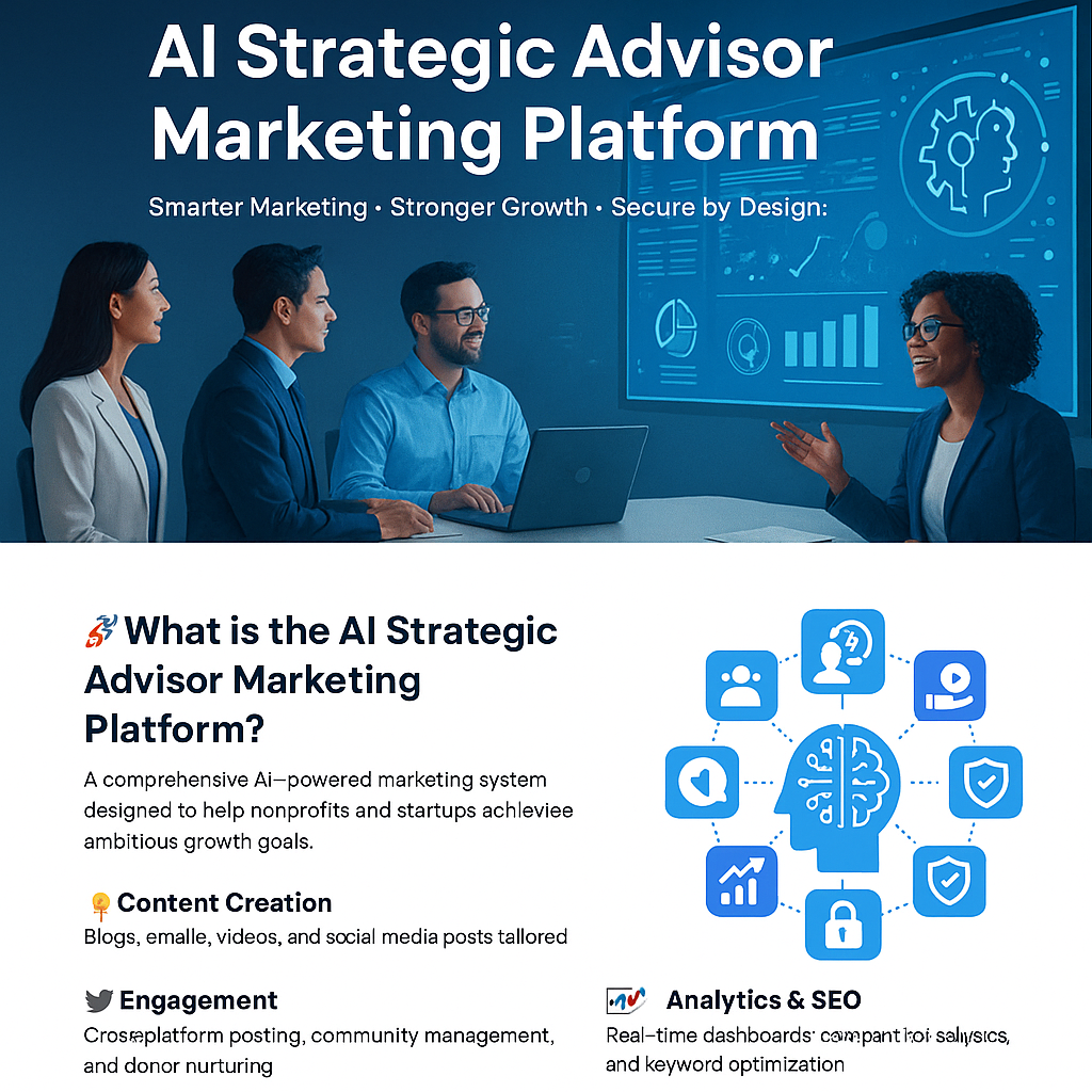 Nonprofit leaders using JR Secure Design AI Strategic Advisor Marketing Platform dashboard with analytics and growth charts