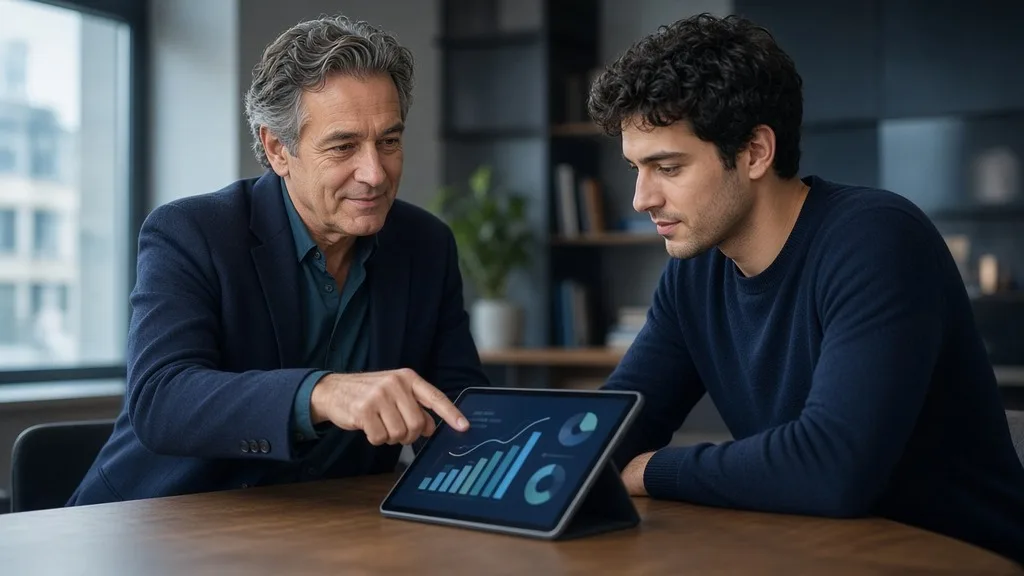Experienced business operator mentoring a founder over growth metrics on a tablet