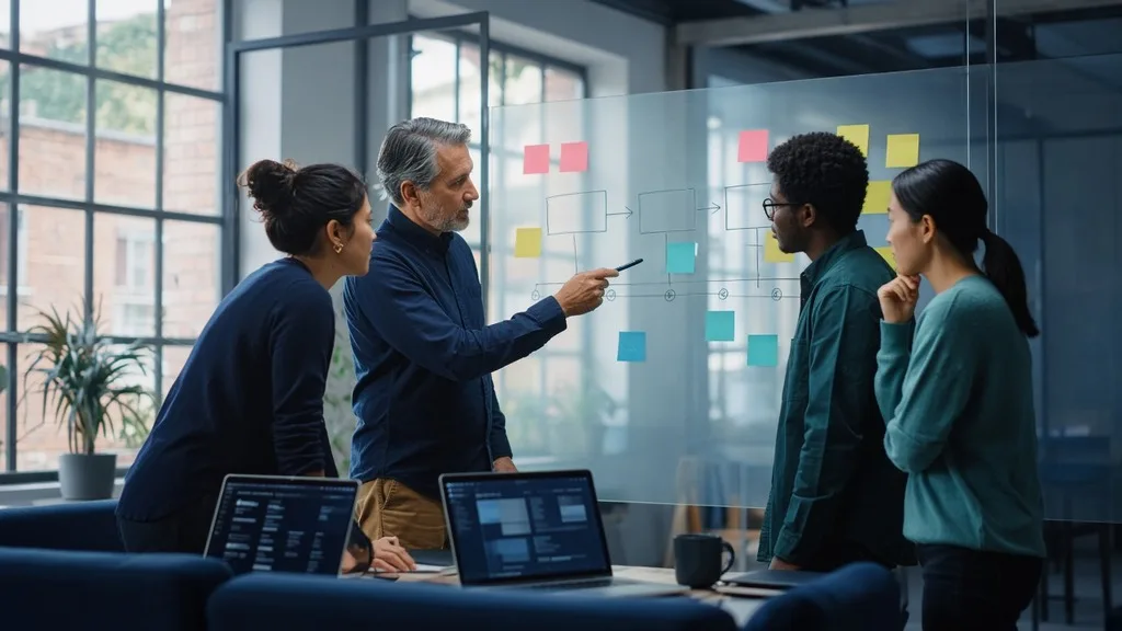 Fractional executive working as a member of a startup team at a roadmap whiteboard