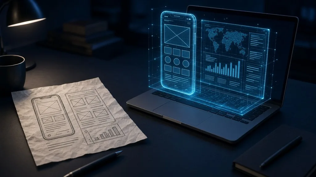 Hand-drawn app sketch turning into a working product dashboard, showing an idea built into reality