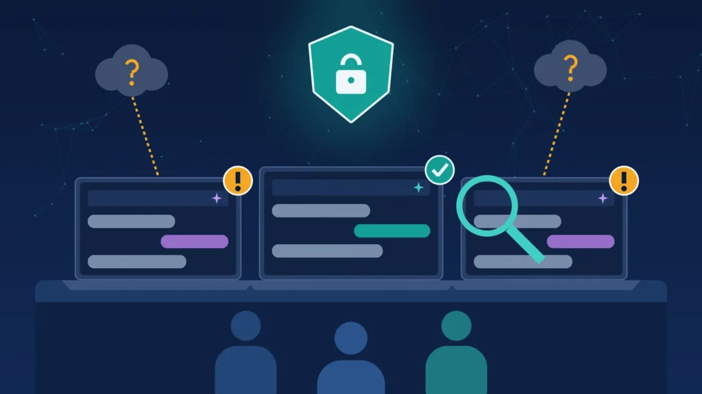 Shadow AI risk: business team discovering unapproved AI tools on company laptops, with one approved secure AI tool