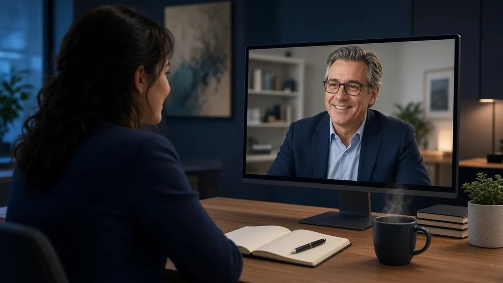 Business owner on a video strategy call with a fractional C-suite advisor